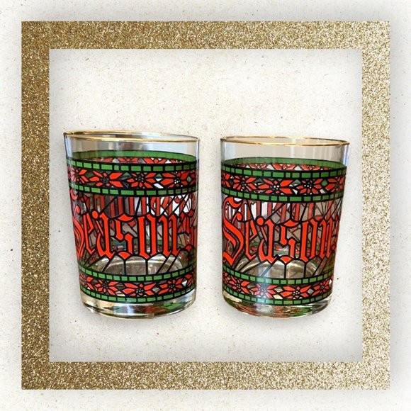2 Vintage MCM HOUZE “Seasons Greetings” Stained Glass Gold Rimmed Glass - Picture 1 of 6